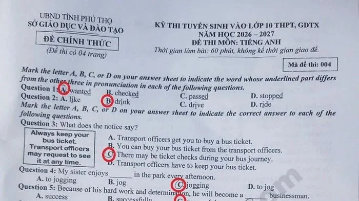 Đề thi và gợi ý đáp án môn Anh tuyển sinh lớp 10 THPT tại Phú Thọ 2026